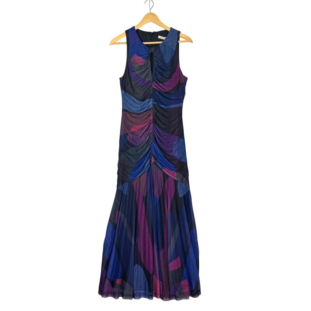 Hutch Purple Blue Abstract‎ Mesh Ruched Keyhole Maxi Dress Womens Large NWT - Picture 4 of 9